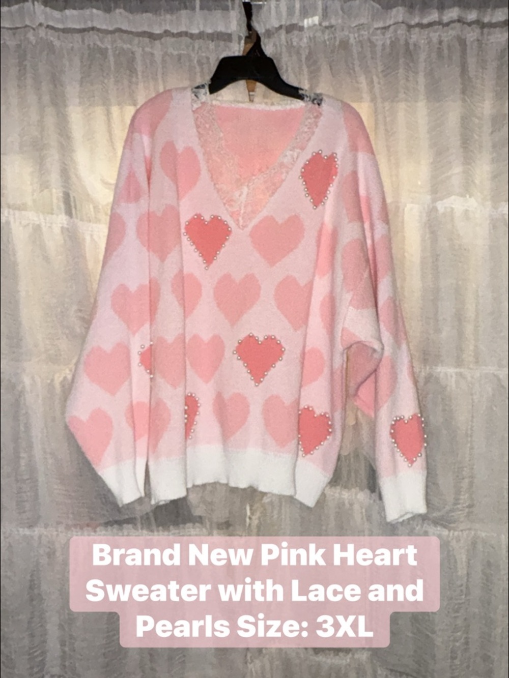 New! Pink Heart V-Neck Sweater with Lace & Pearl Accents